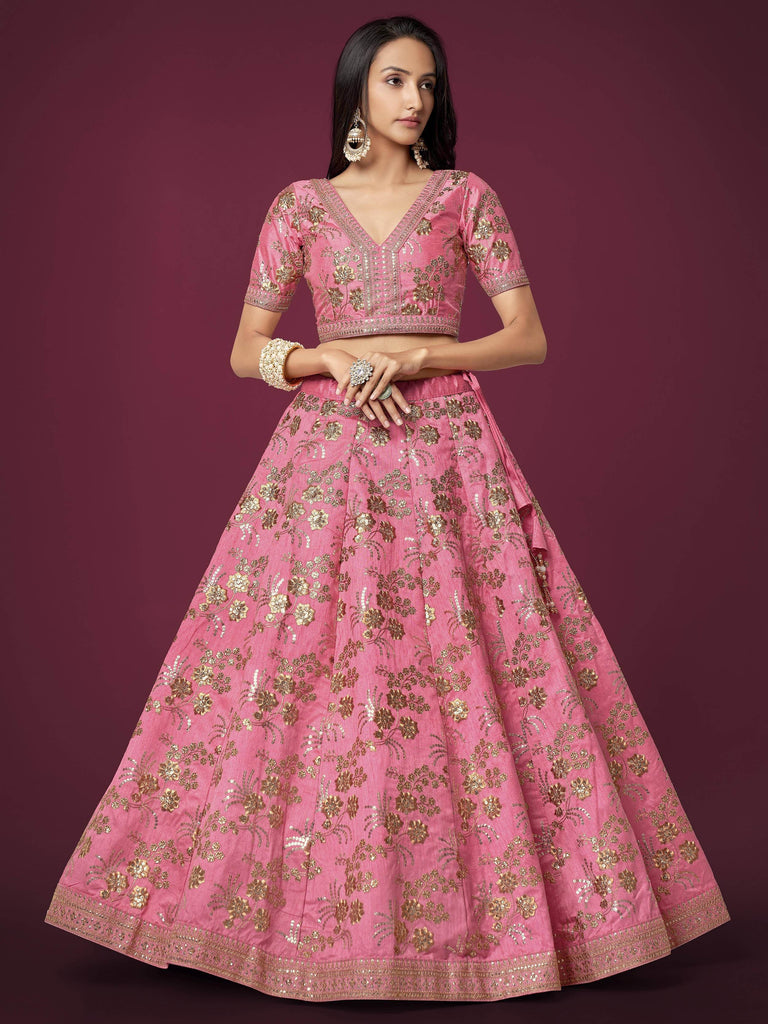 Marvelous Pink Sequins Work Slub Silk Wedding Wear Lehenga Choli