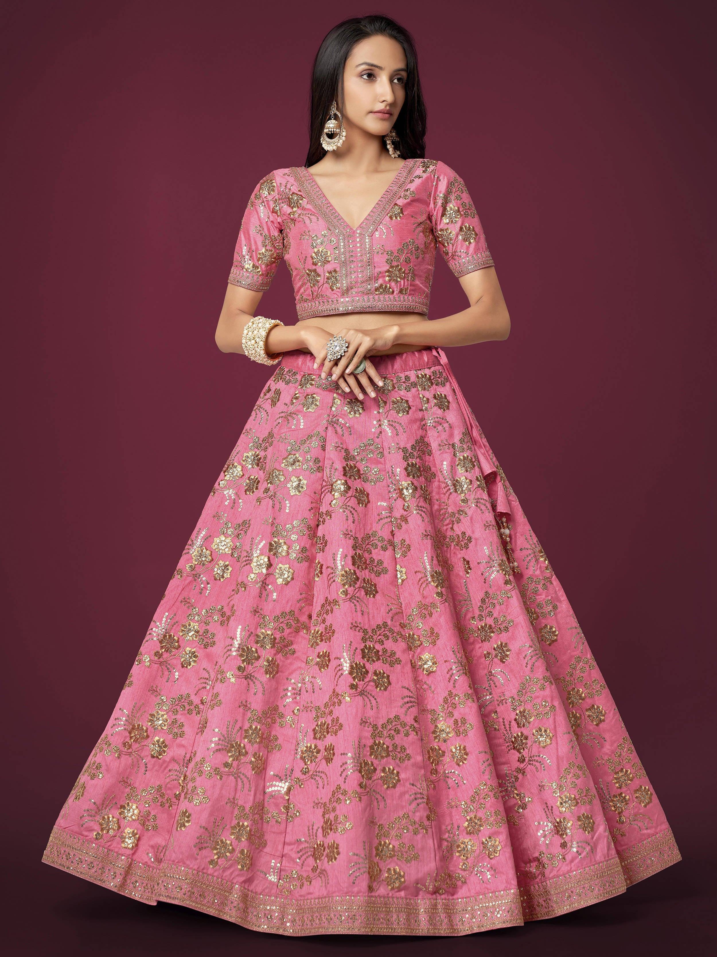 Marvelous Pink Sequins Work Slub Silk Wedding Wear Lehenga Choli