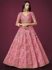 Marvelous Pink Sequins Work Slub Silk Wedding Wear Lehenga Choli