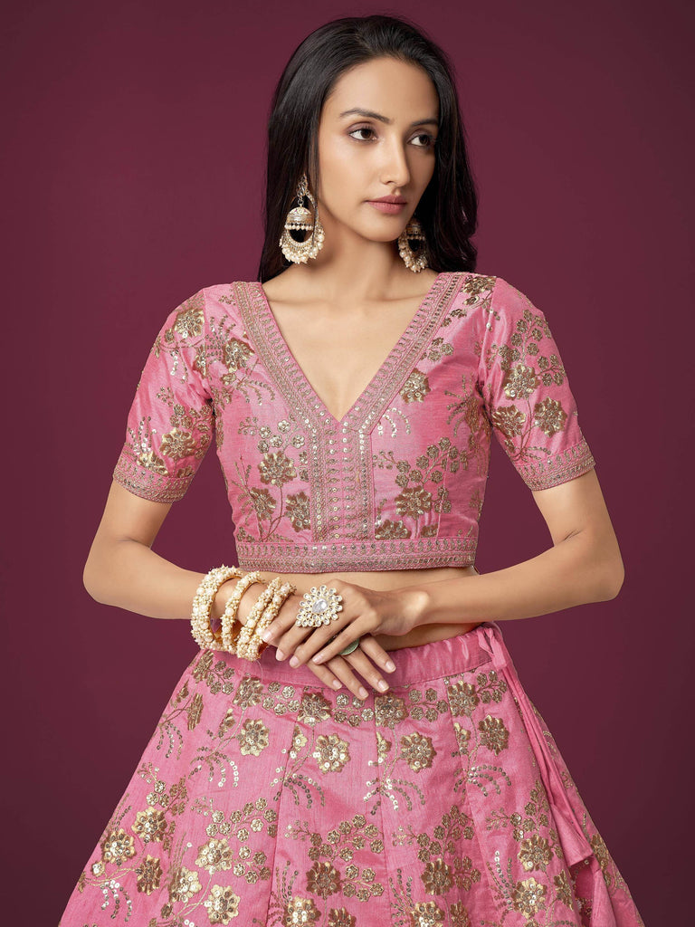 Marvelous Pink Sequins Work Slub Silk Wedding Wear Lehenga Choli