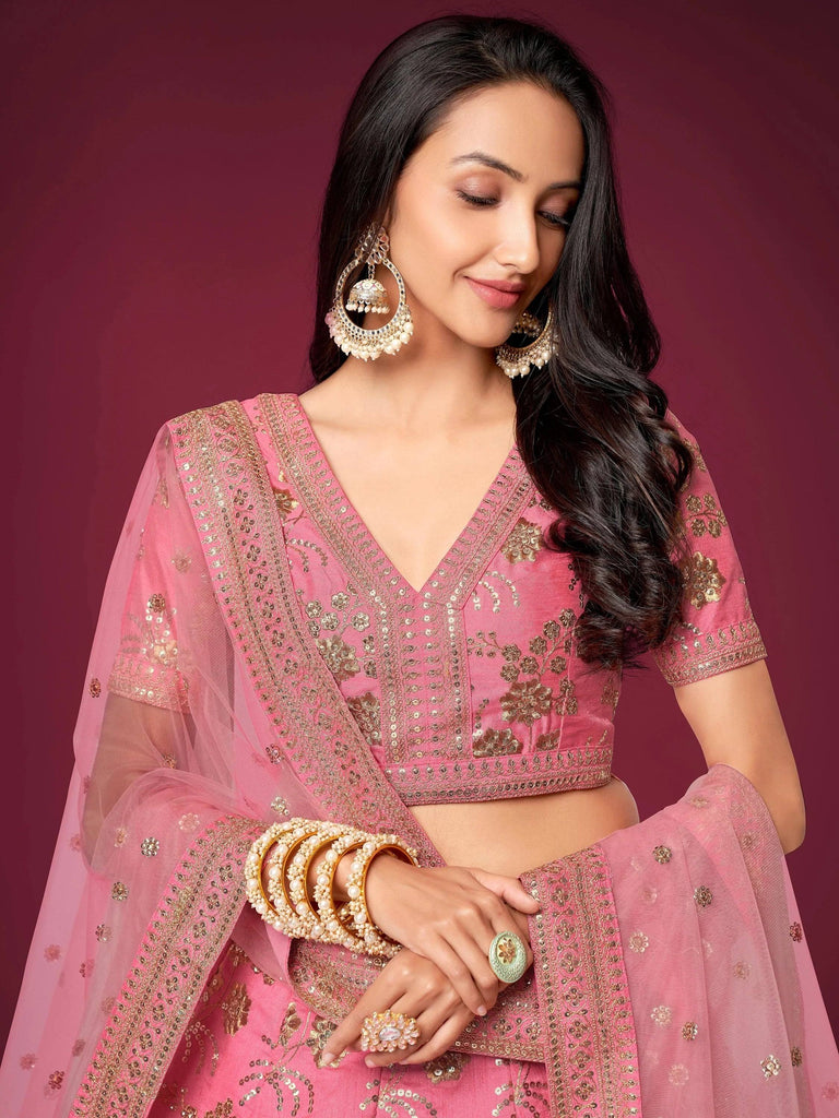 Charming Pink Sequins Silk Festival Wear Plus Size Lehenga Choli