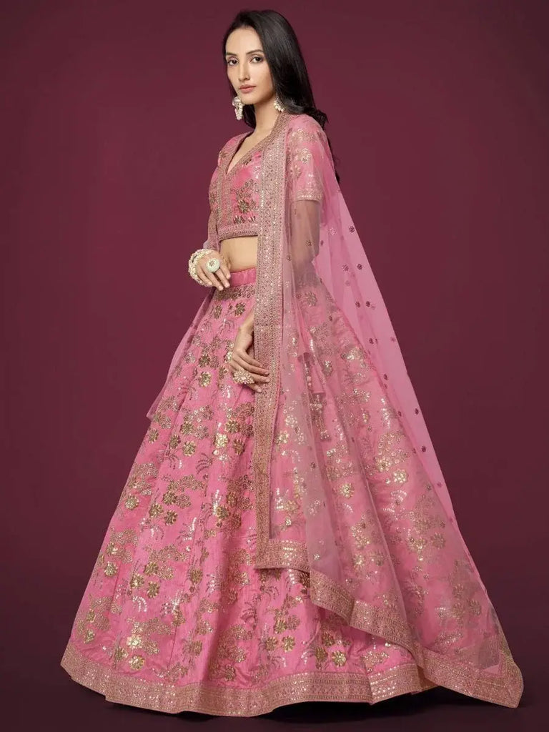 Marvelous Pink Sequins Work Slub Silk Wedding Wear Lehenga Choli