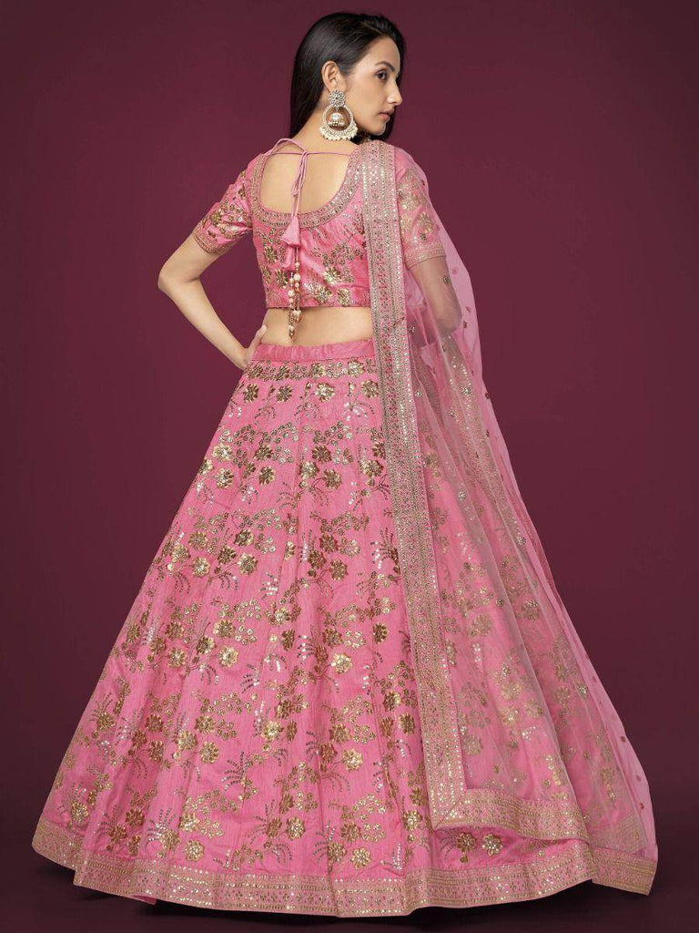Marvelous Pink Sequins Work Slub Silk Wedding Wear Lehenga Choli