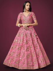 Marvelous Pink Sequins Work Slub Silk Wedding Wear Lehenga Choli