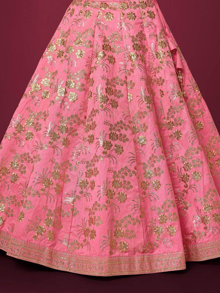 Marvelous Pink Sequins Work Slub Silk Wedding Wear Lehenga Choli
