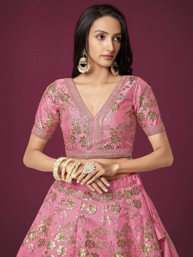 Marvelous Pink Sequins Work Slub Silk Wedding Wear Lehenga Choli