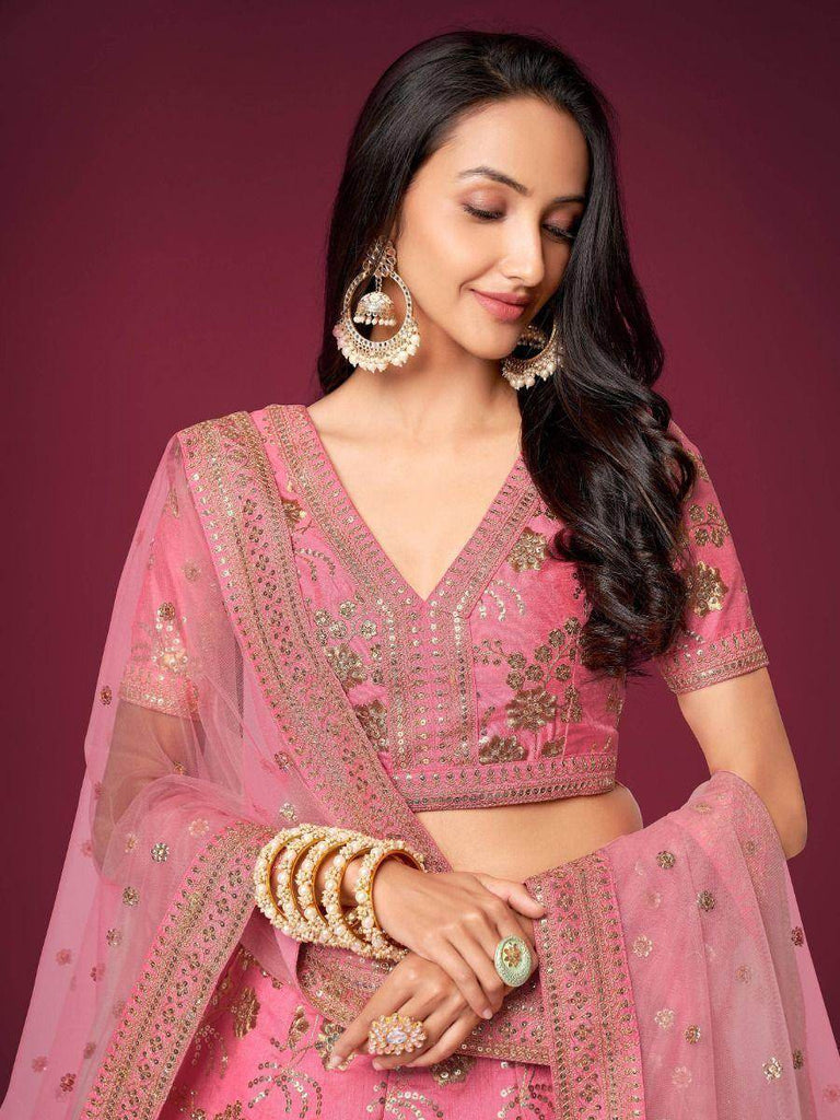 Marvelous Pink Sequins Work Slub Silk Wedding Wear Lehenga Choli