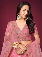 Marvelous Pink Sequins Work Slub Silk Wedding Wear Lehenga Choli