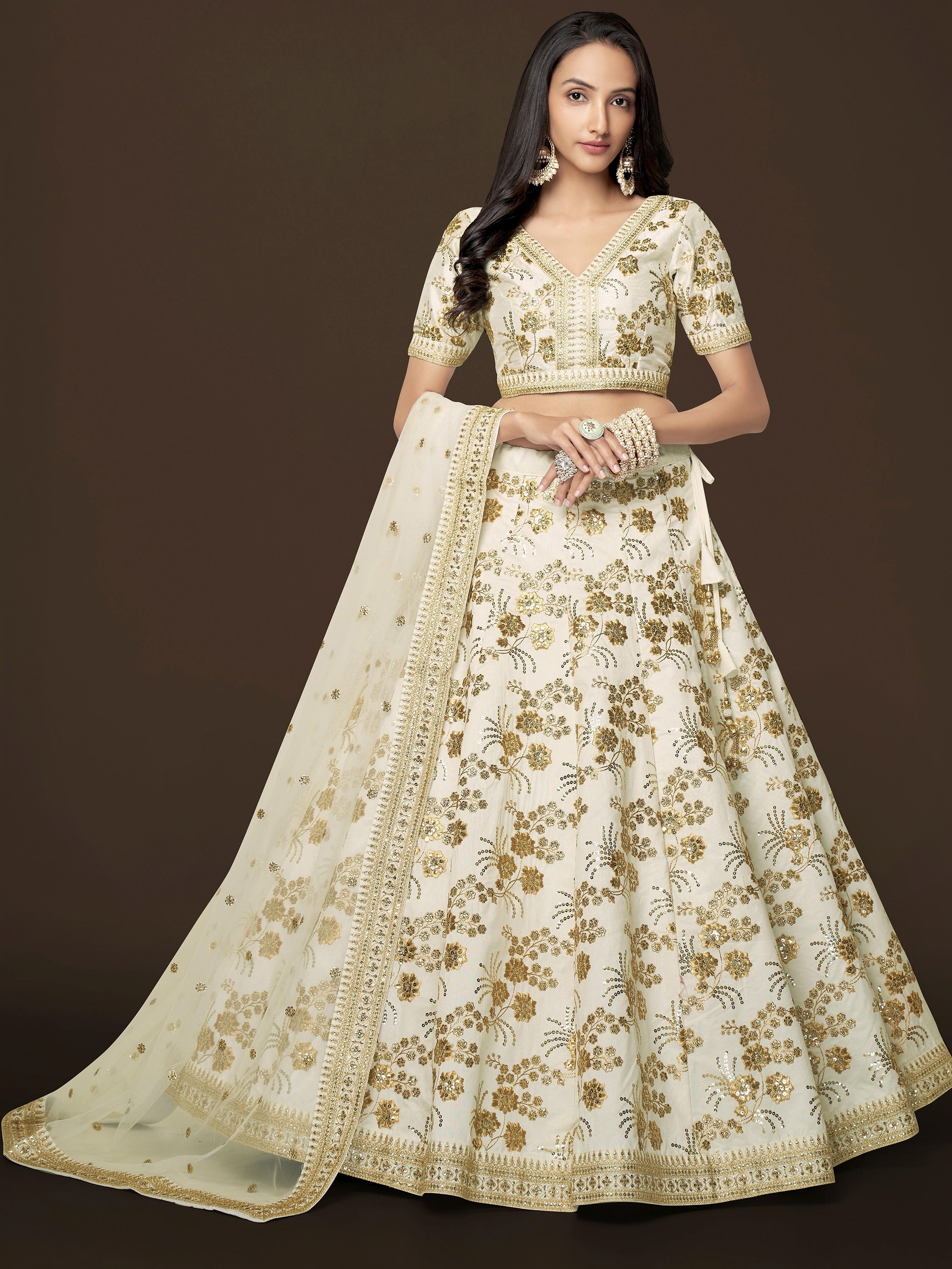 Fashionable Cream Sequins Silk Bridesmaid Plus Size Lehenga Choli