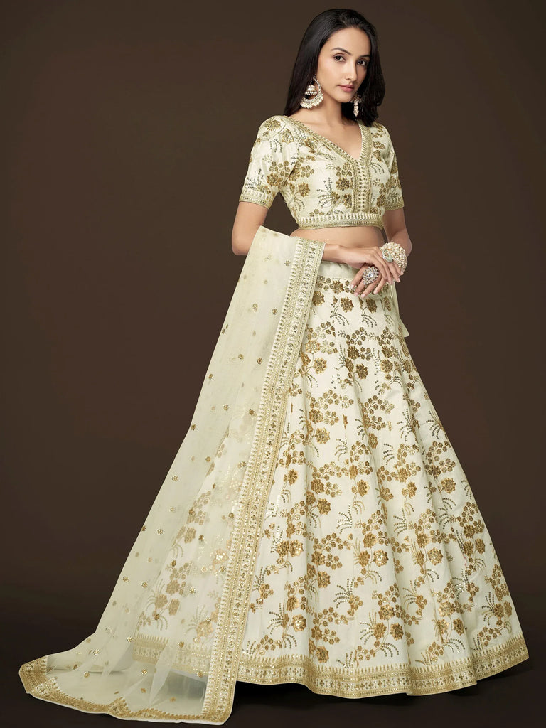 Fashionable Cream Sequins Silk Bridesmaid Plus Size Lehenga Choli