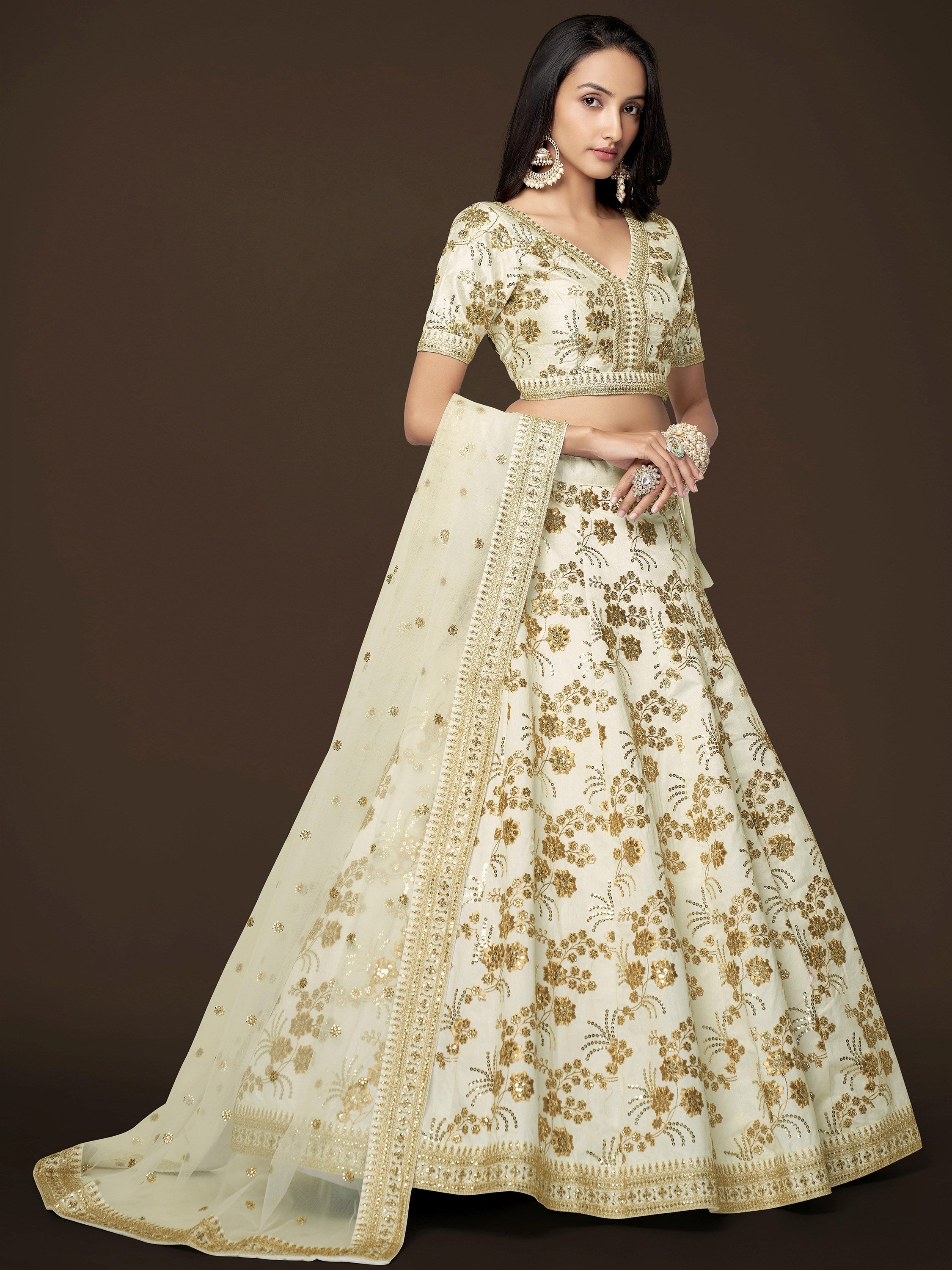 Fashionable Cream Sequins Silk Bridesmaid Plus Size Lehenga Choli