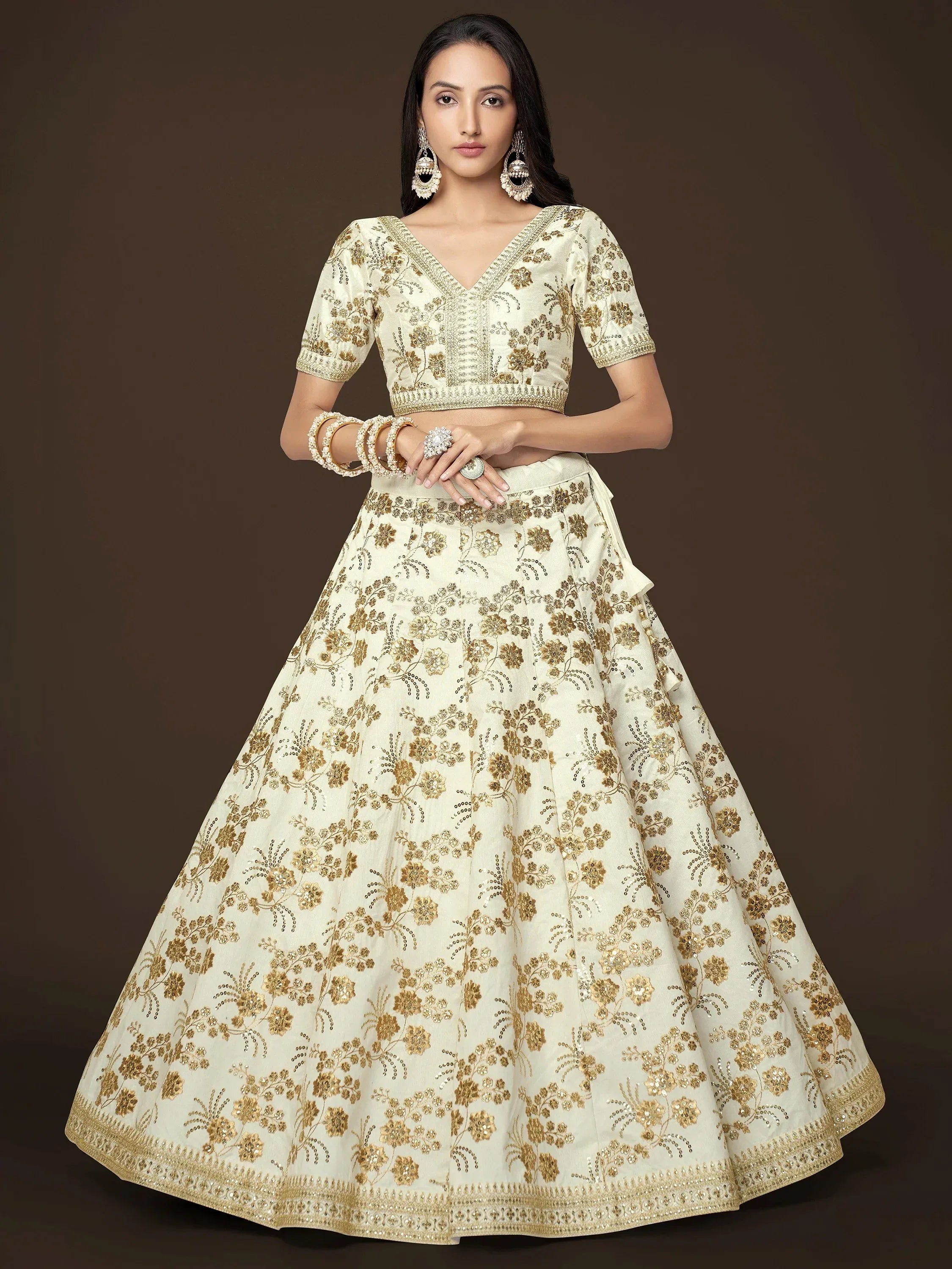 Fashionable Cream Sequins Silk Bridesmaid Plus Size Lehenga Choli