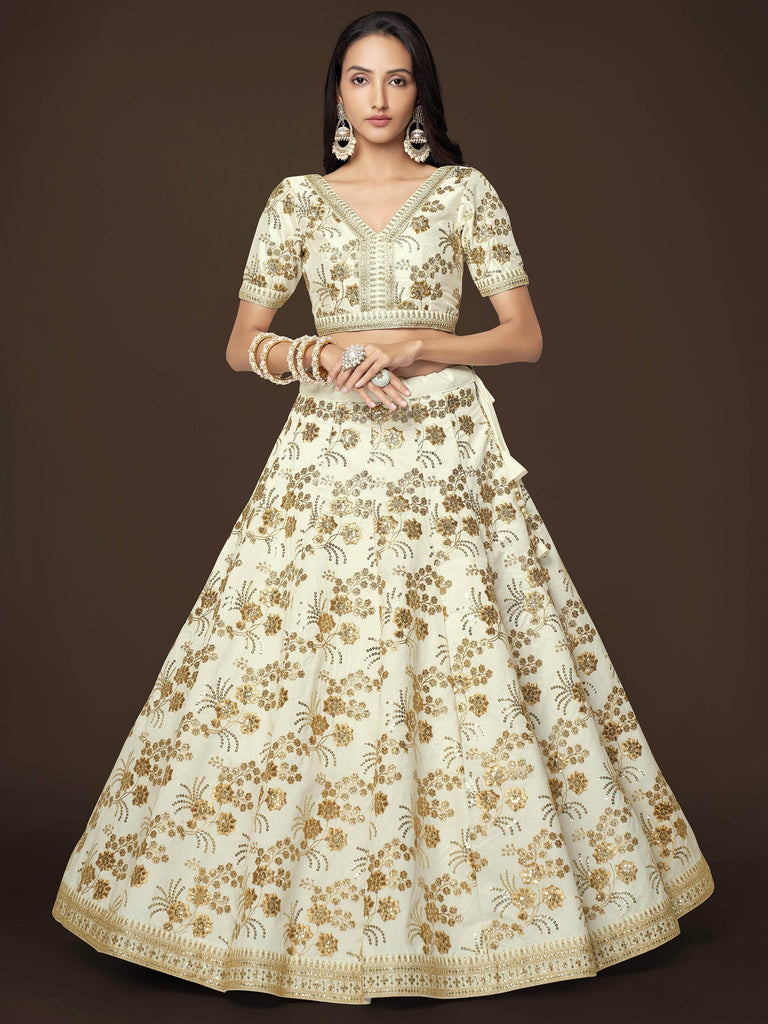 Alluring White Zari Work Engagement Wear Slub Silk Lehenga Choli