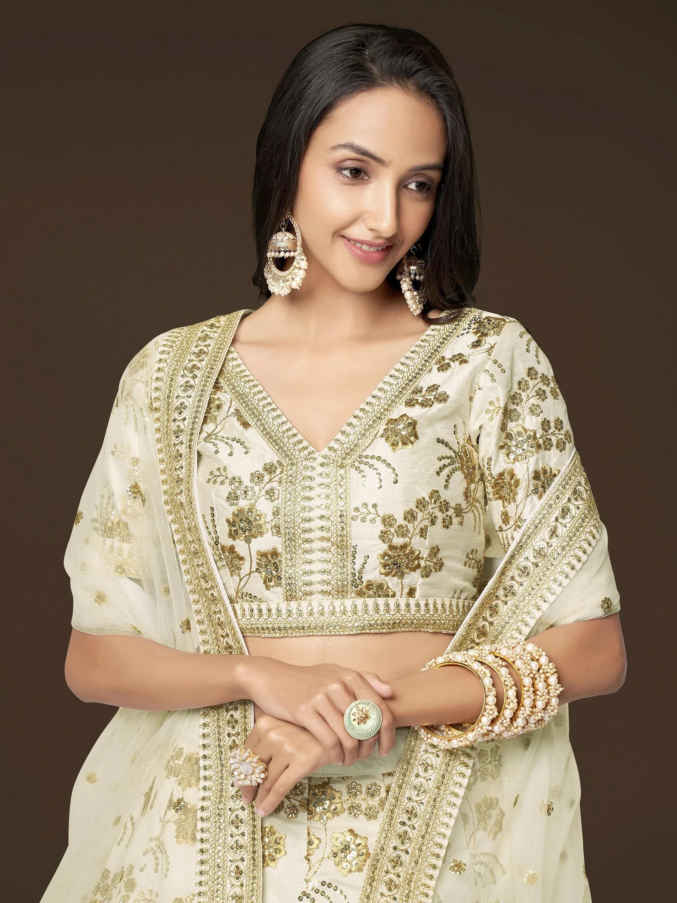 Fashionable Cream Sequins Silk Bridesmaid Plus Size Lehenga Choli