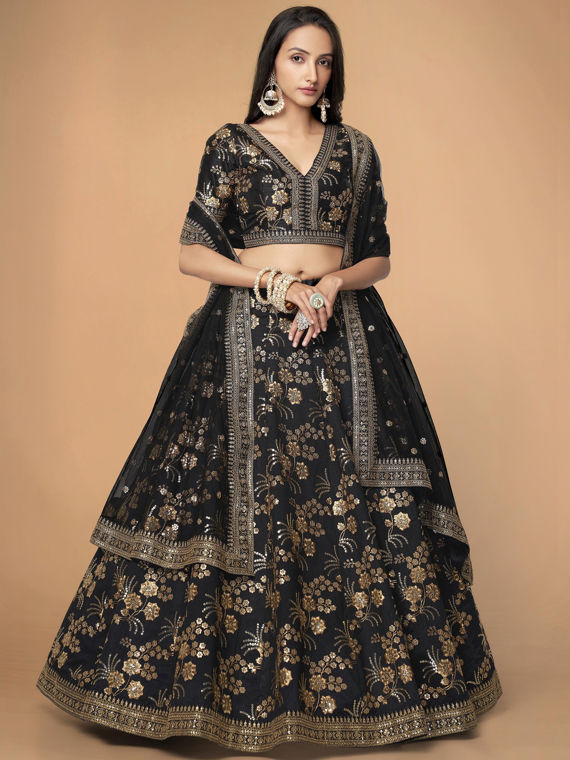 Impressive Black Embroidered Silk Function Wear Plus Size Lehenga Choli