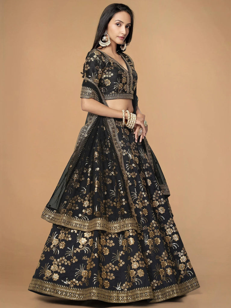 Impressive Black Embroidered Silk Function Wear Plus Size Lehenga Choli