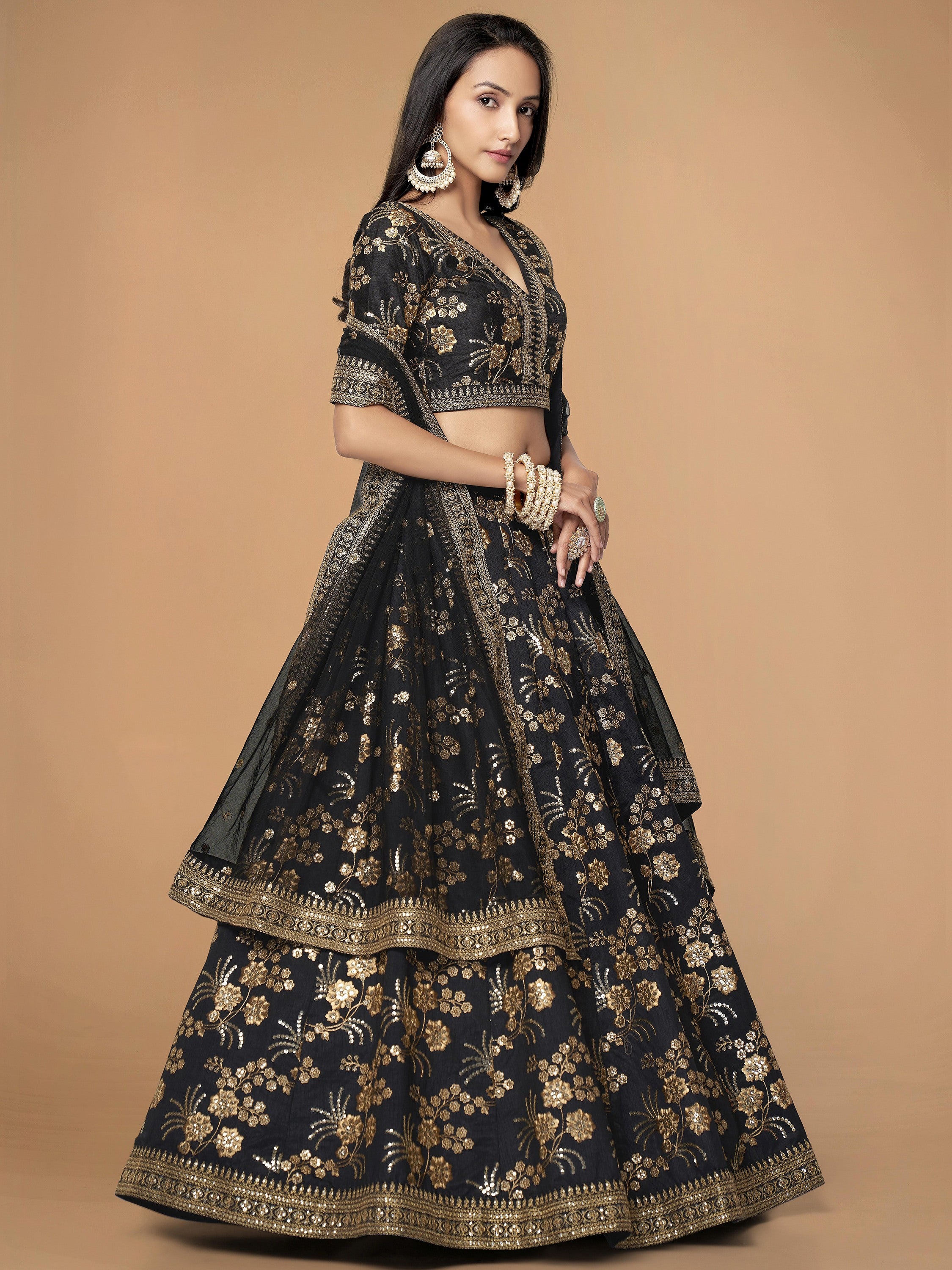 Impressive Black Embroidered Silk Function Wear Plus Size Lehenga Choli
