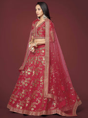 Bewitching Red Zari Work Slub Silk Wedding Wear Lehenga Choli