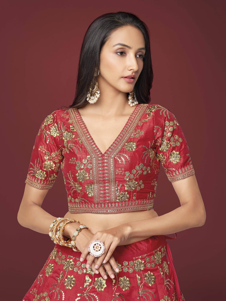 Bewitching Red Zari Work Slub Silk Wedding Wear Lehenga Choli