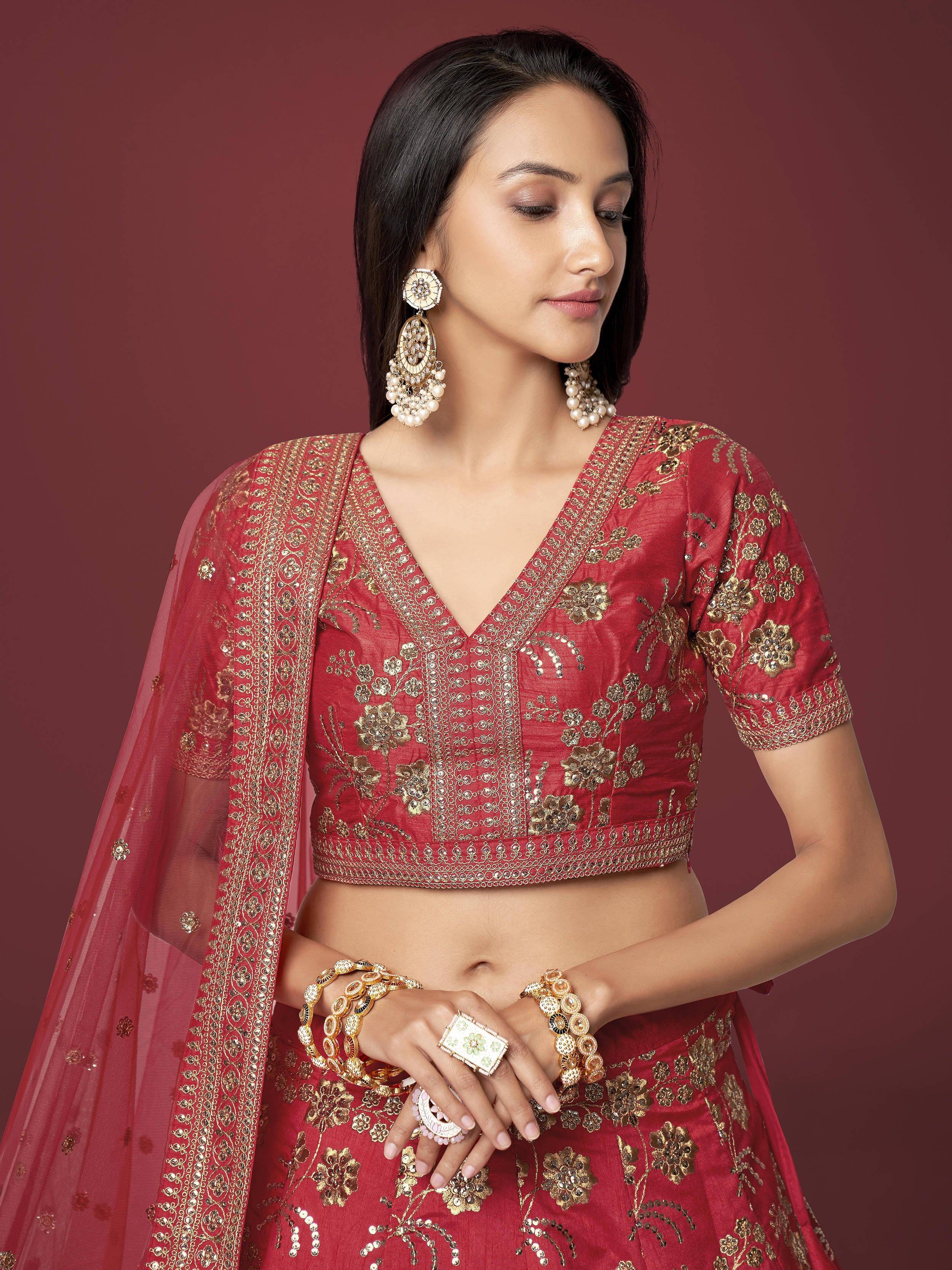 Bewitching Red Zari Work Slub Silk Wedding Wear Lehenga Choli