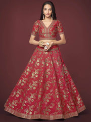 Bewitching Red Zari Work Slub Silk Wedding Wear Lehenga Choli