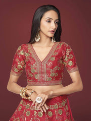Bewitching Red Zari Work Slub Silk Wedding Wear Lehenga Choli