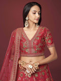 Bewitching Red Zari Work Slub Silk Wedding Wear Lehenga Choli