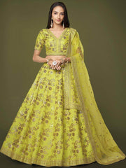 Prodigious Neon Green Sequins Work lehenga Choli With Dupatta