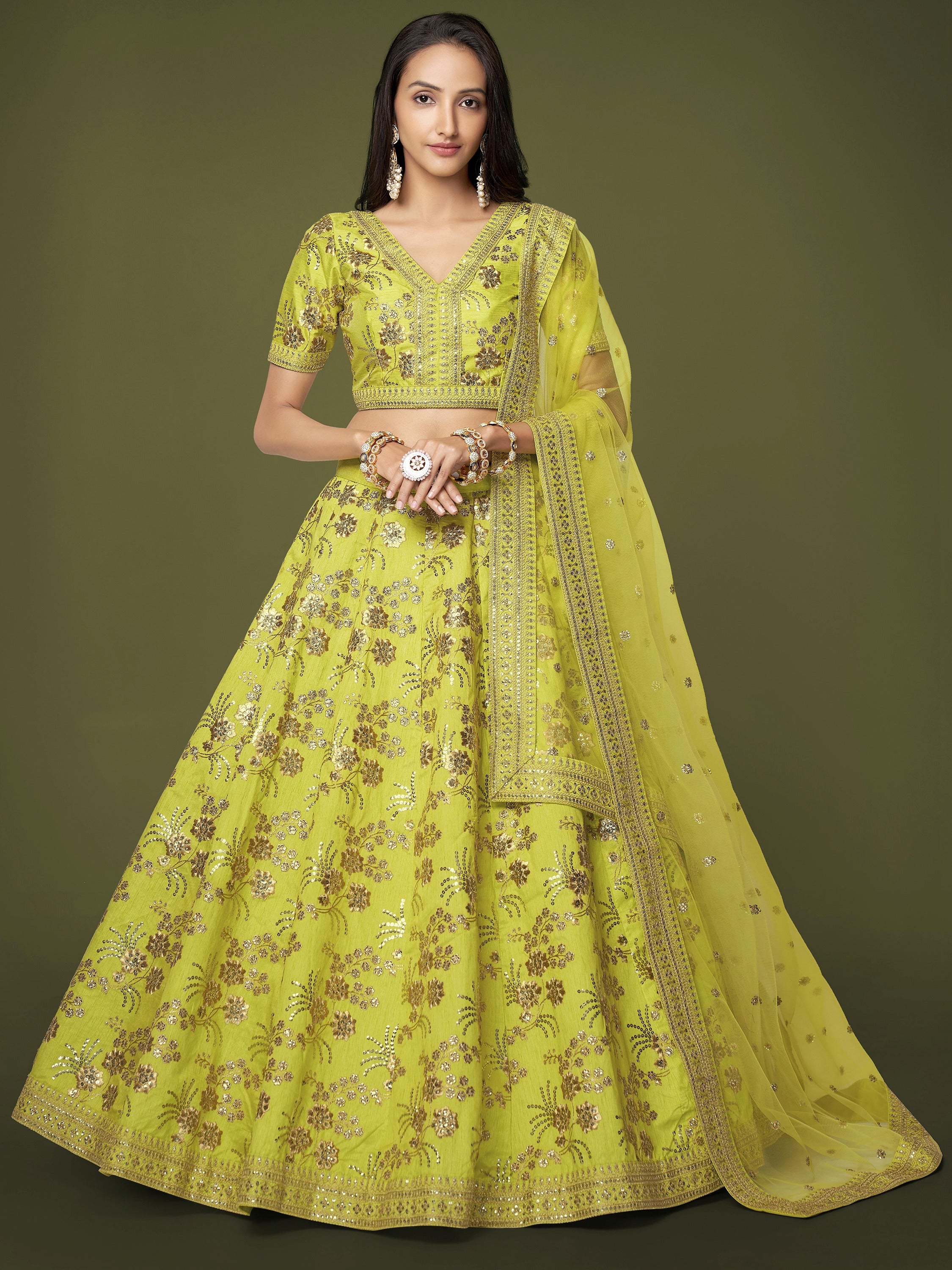 Awesome Green Embroidered Silk Marriage Wear Plus Size Lehenga Choli