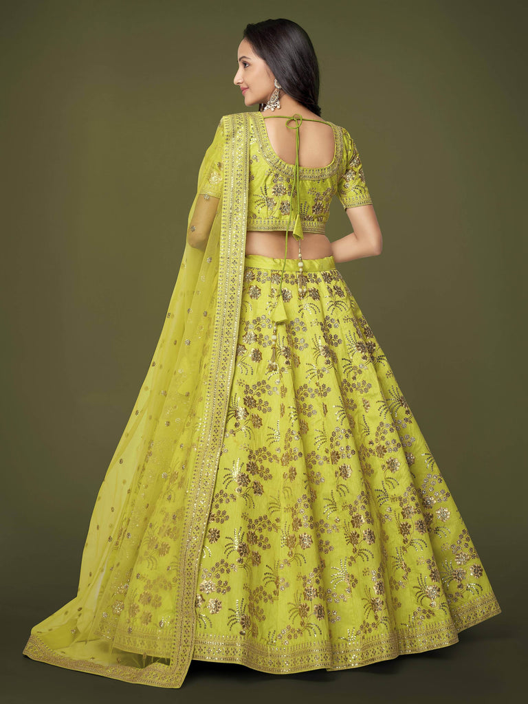 Prodigious Neon Green Sequins Work lehenga Choli With Dupatta