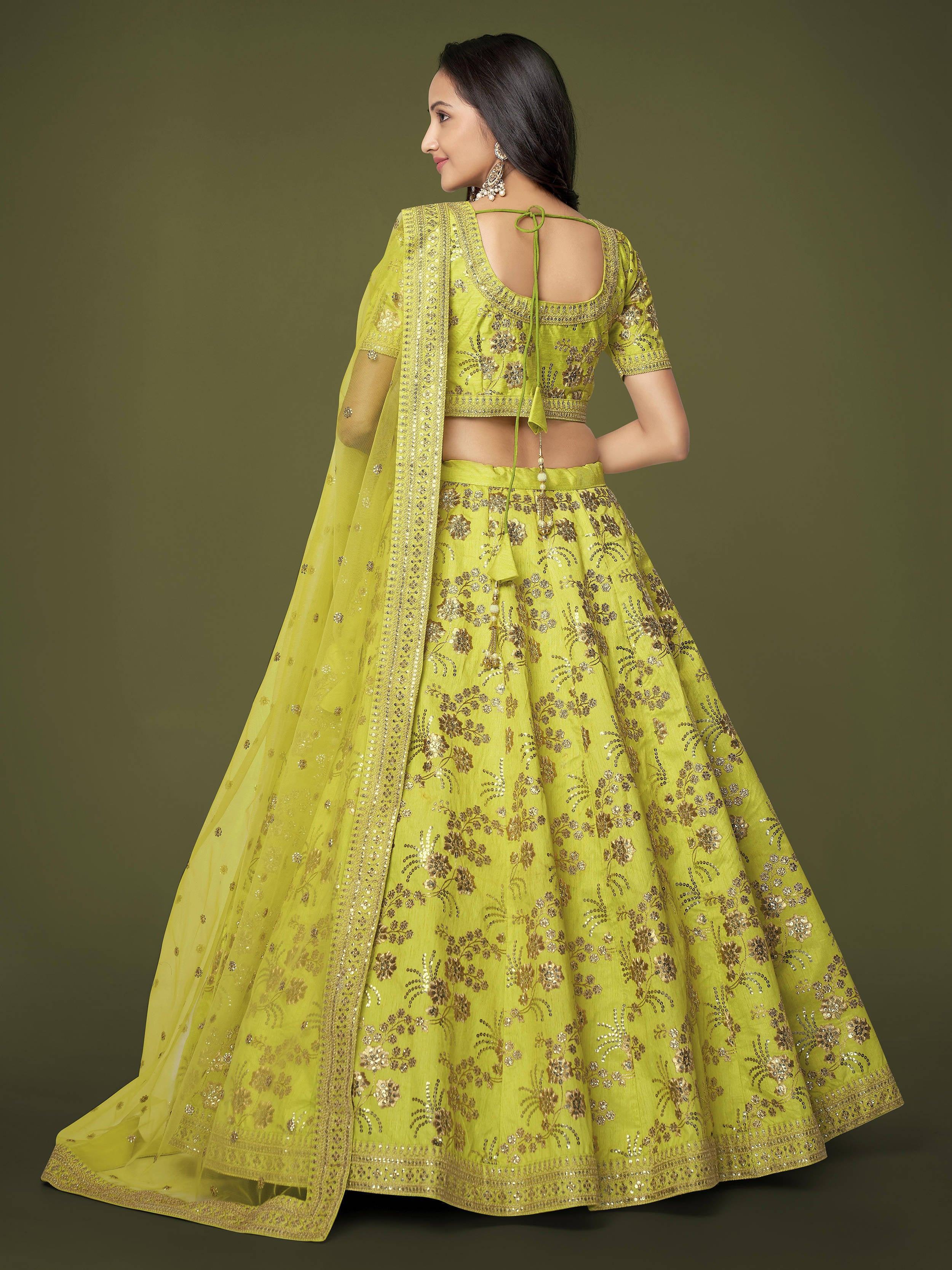 Prodigious Neon Green Sequins Work lehenga Choli With Dupatta