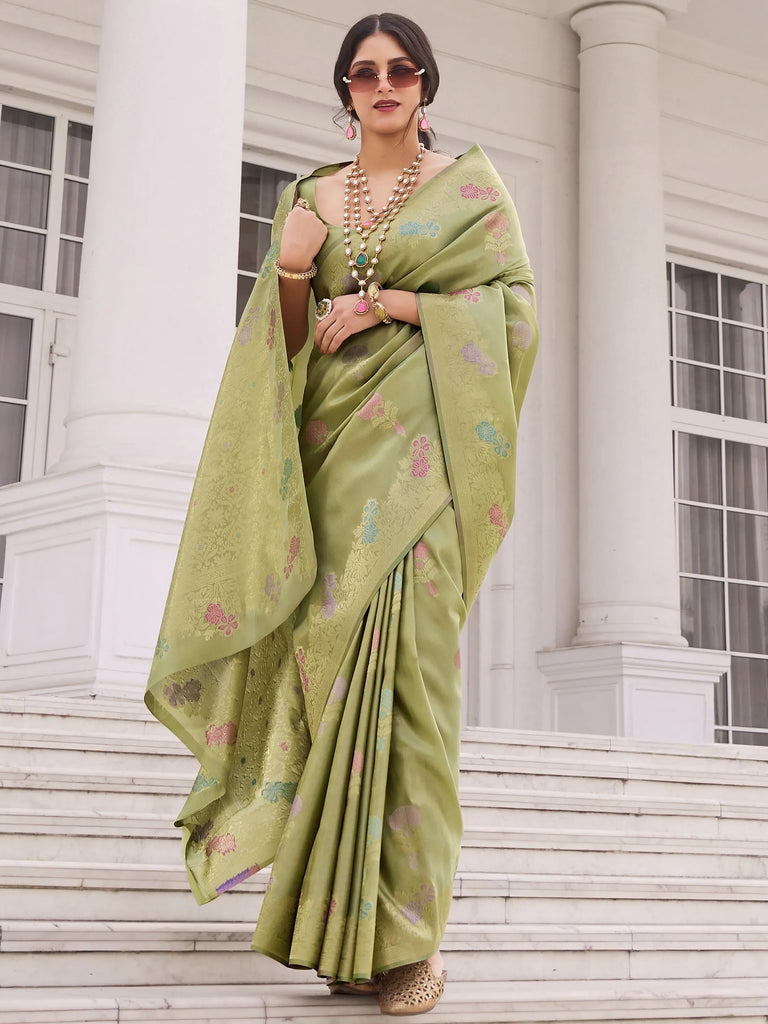 Amazing Green Zari Weaving Silk Festival Wear Saree With Blouse