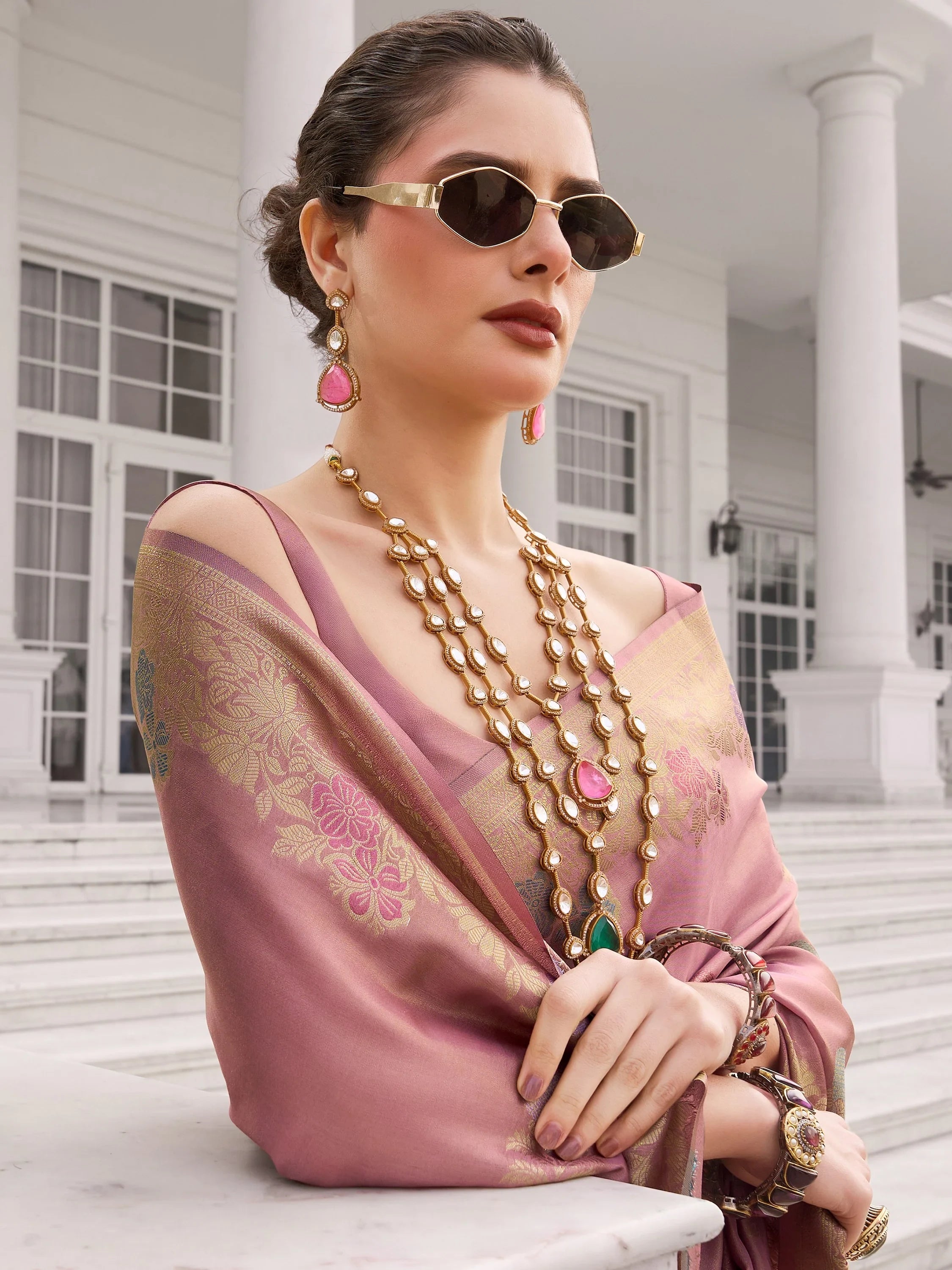 Adorning Dusty Pink Zari Weaving Silk Function Wear Saree With Blouse