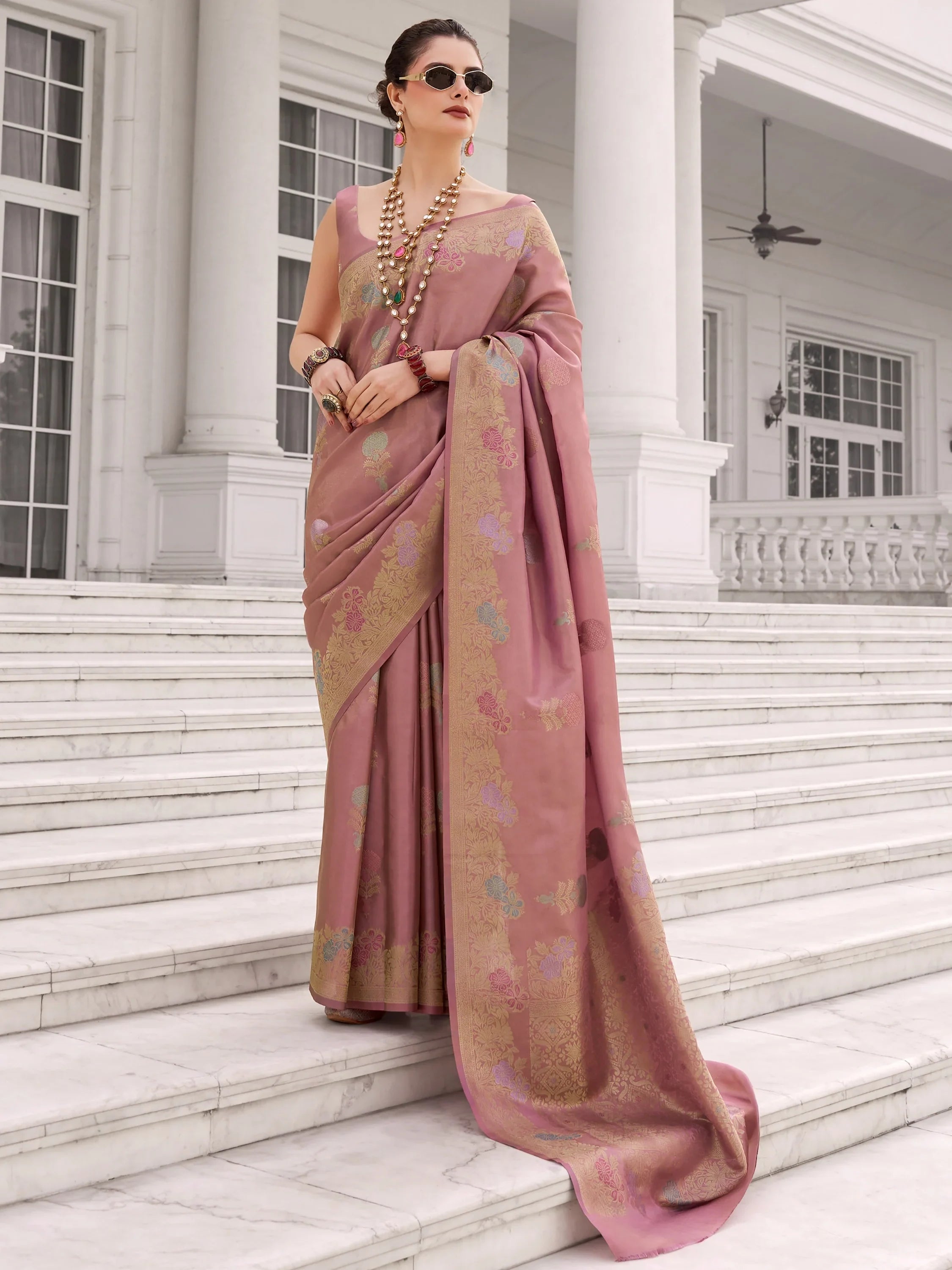 Adorning Dusty Pink Zari Weaving Silk Function Wear Saree With Blouse