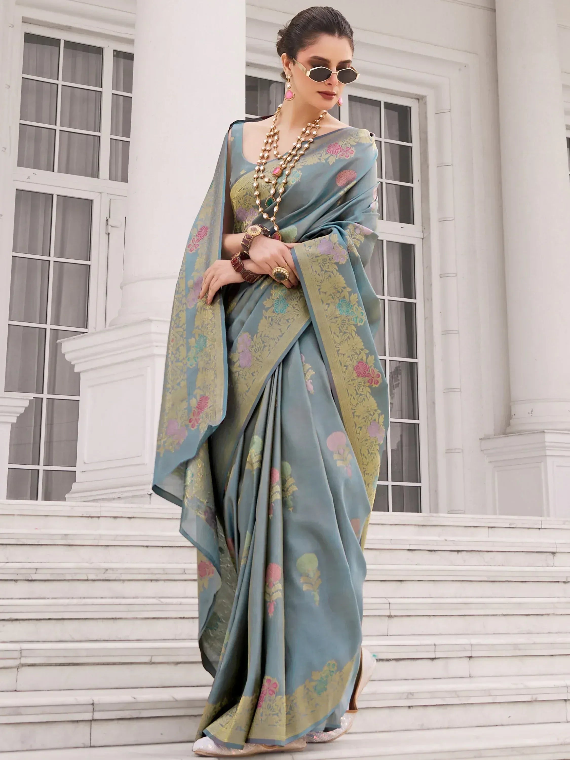 Elegant Blue Zari Weaving Silk Wedding Wear Saree With Blouse