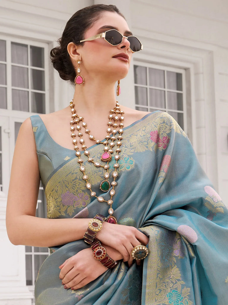 Elegant Blue Zari Weaving Silk Wedding Wear Saree With Blouse