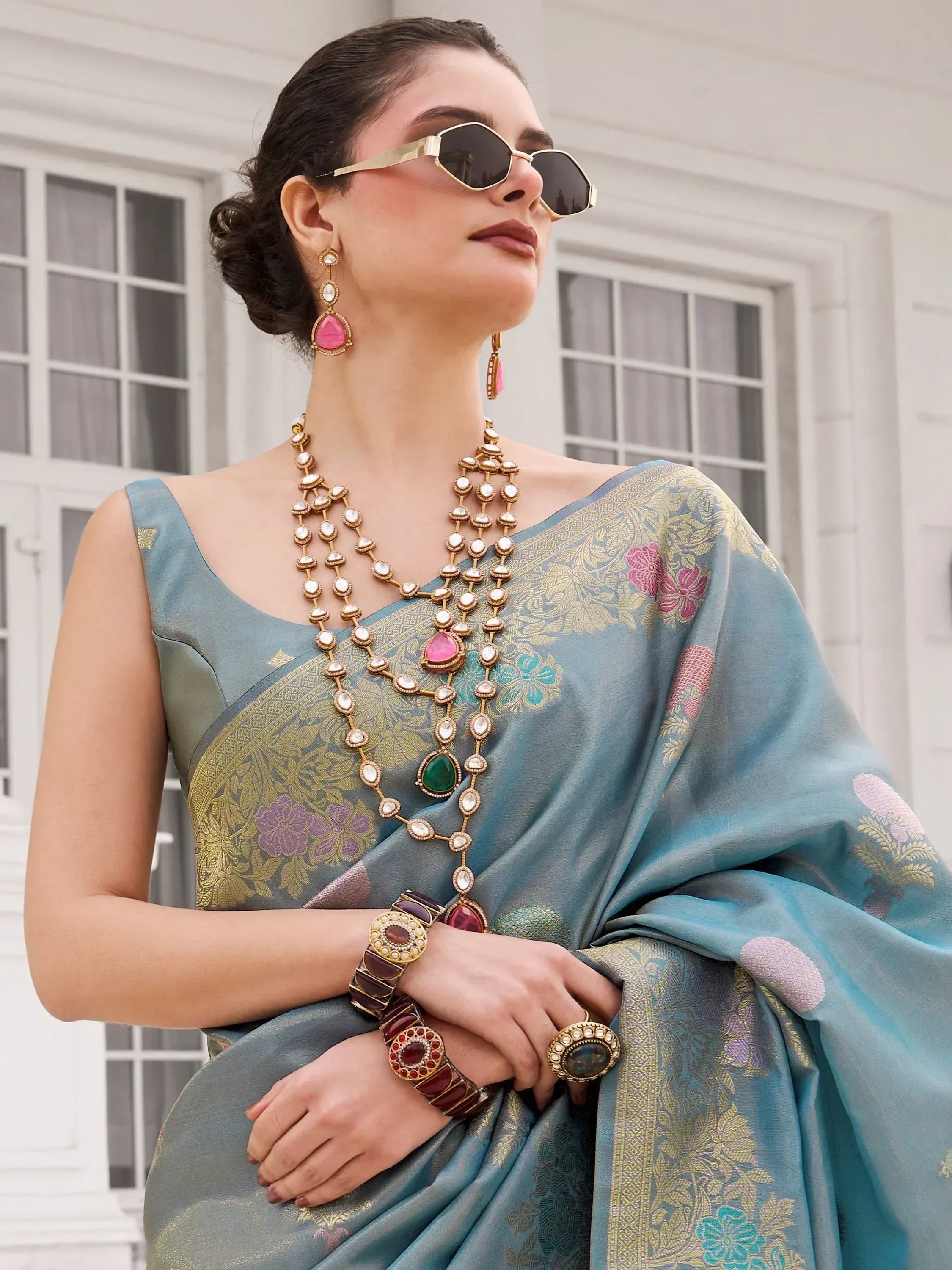 Elegant Blue Zari Weaving Silk Wedding Wear Saree With Blouse