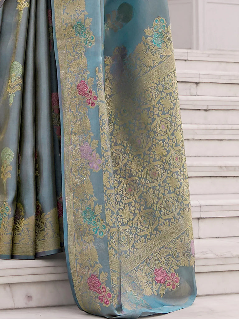 Elegant Blue Zari Weaving Silk Wedding Wear Saree With Blouse
