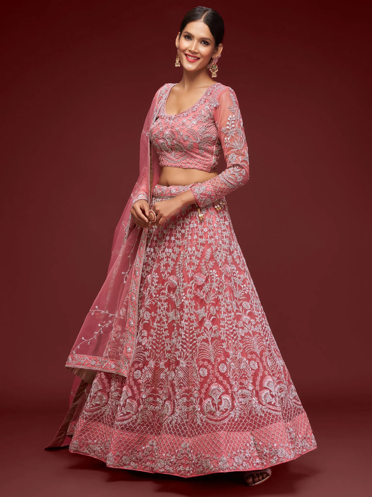 Gorgeous Pink Embroidered Net Reception Wear Plus Size Lehenga Choli