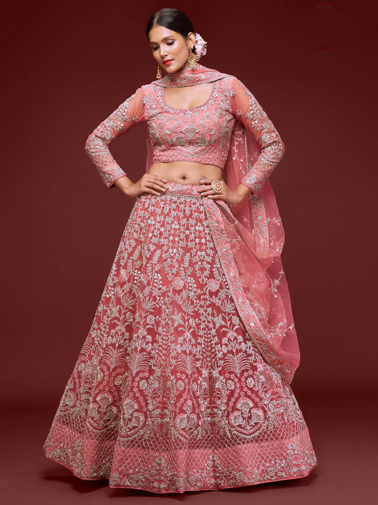 Gorgeous Pink Embroidered Net Reception Wear Plus Size Lehenga Choli