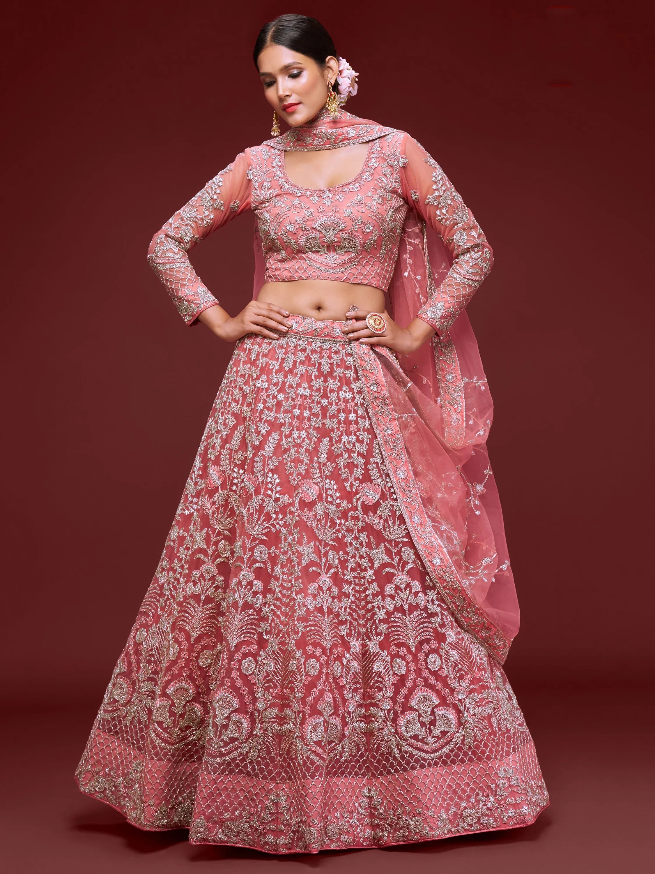 Gorgeous Pink Embroidered Net Reception Wear Plus Size Lehenga Choli