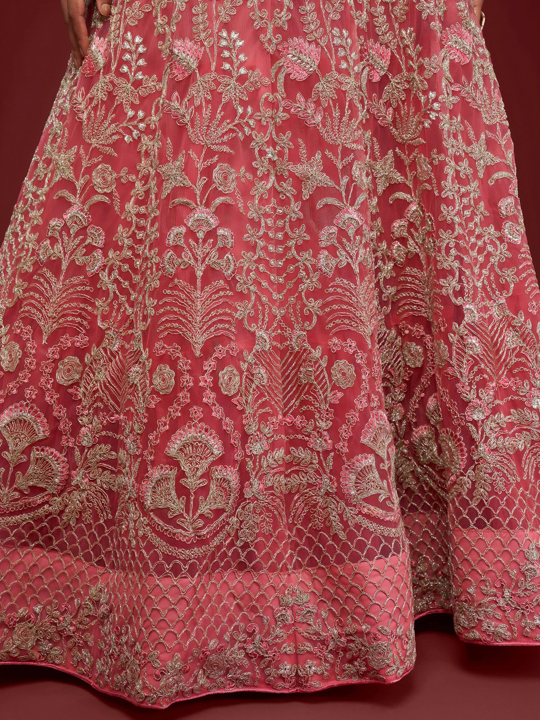 Gorgeous Pink Embroidered Net Reception Wear Plus Size Lehenga Choli