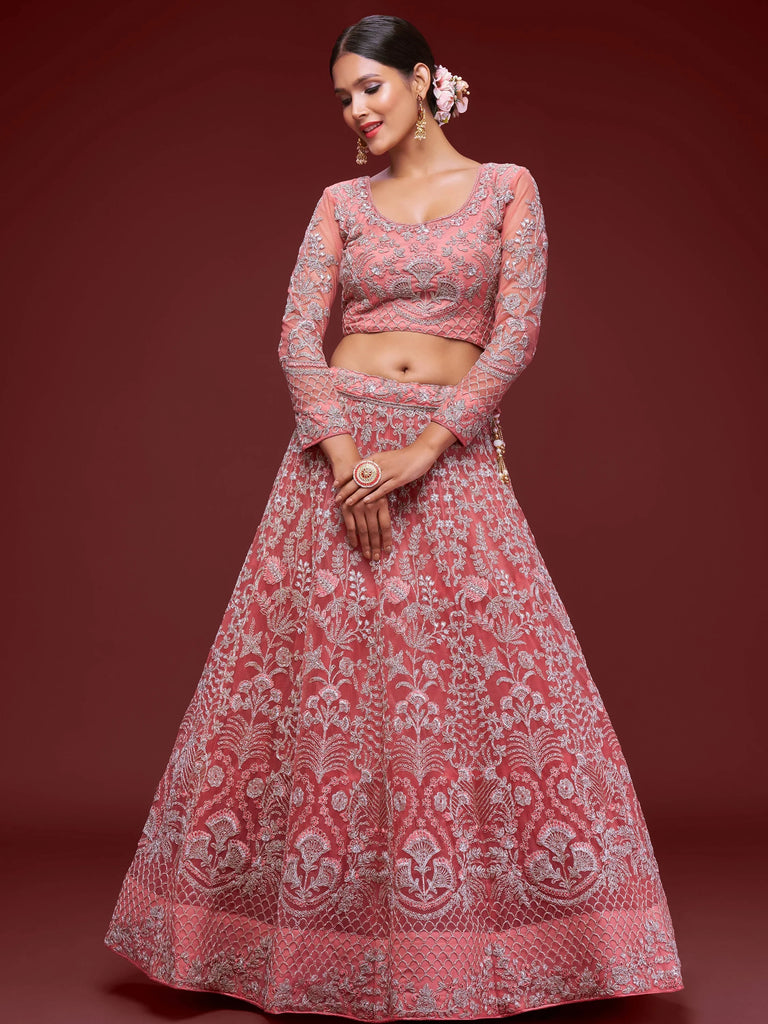 Gorgeous Pink Embroidered Net Reception Wear Plus Size Lehenga Choli