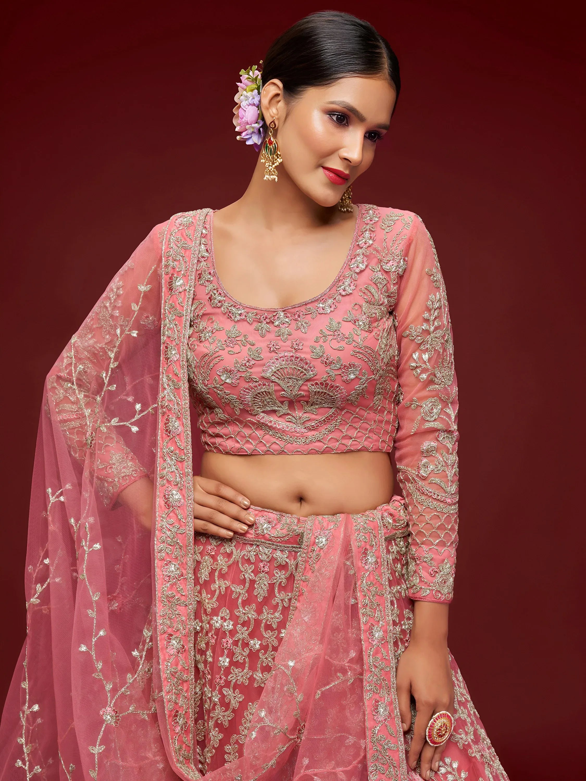 Alluring Pink Dori Work Soft Net Ceremony Wear Lehenga Choli