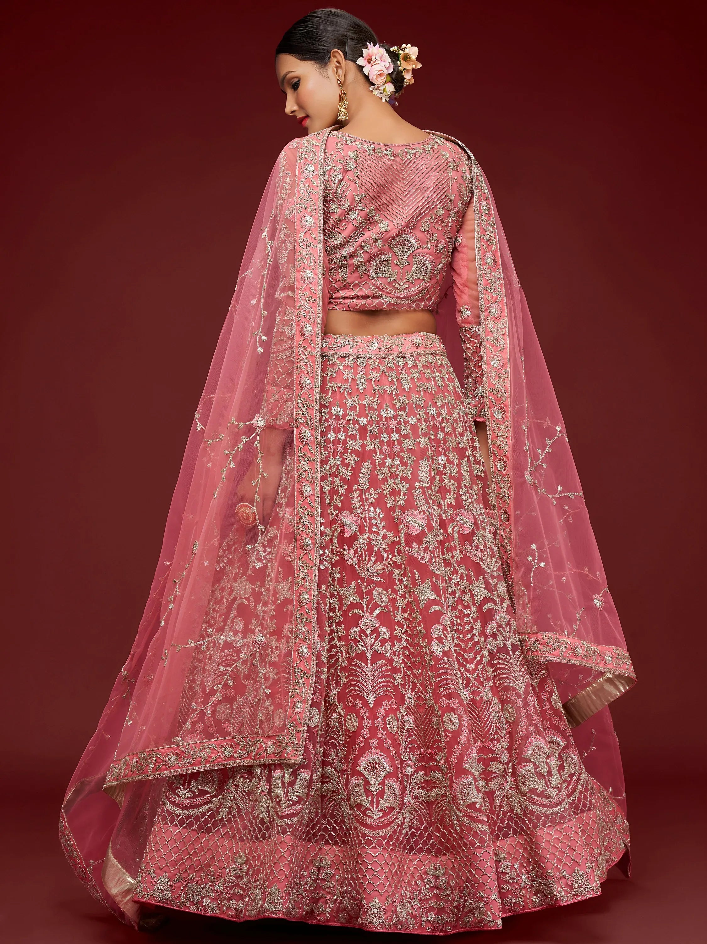 Gorgeous Pink Embroidered Net Reception Wear Plus Size Lehenga Choli