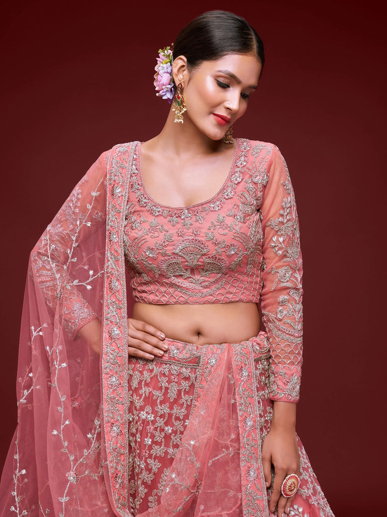 Gorgeous Pink Embroidered Net Reception Wear Plus Size Lehenga Choli