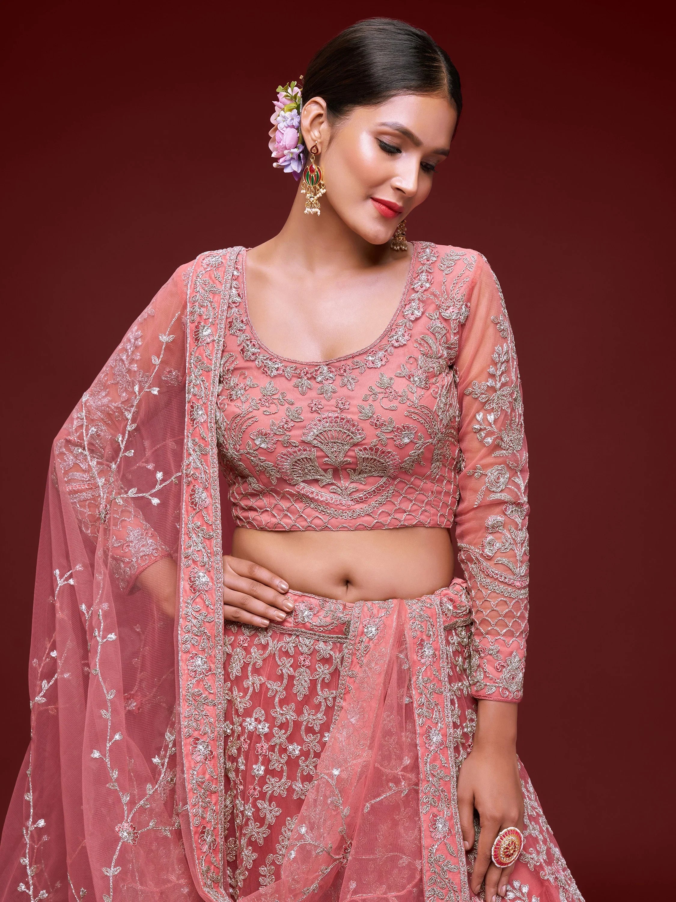 Gorgeous Pink Embroidered Net Reception Wear Plus Size Lehenga Choli