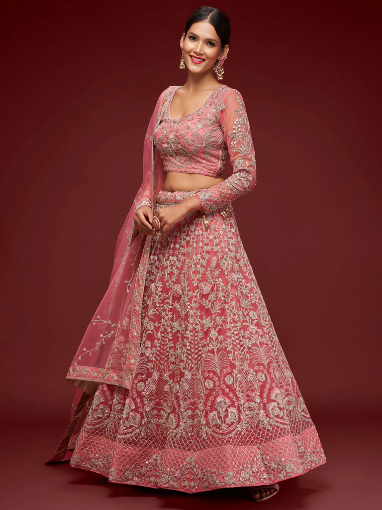 Gorgeous Pink Embroidered Net Reception Wear Plus Size Lehenga Choli