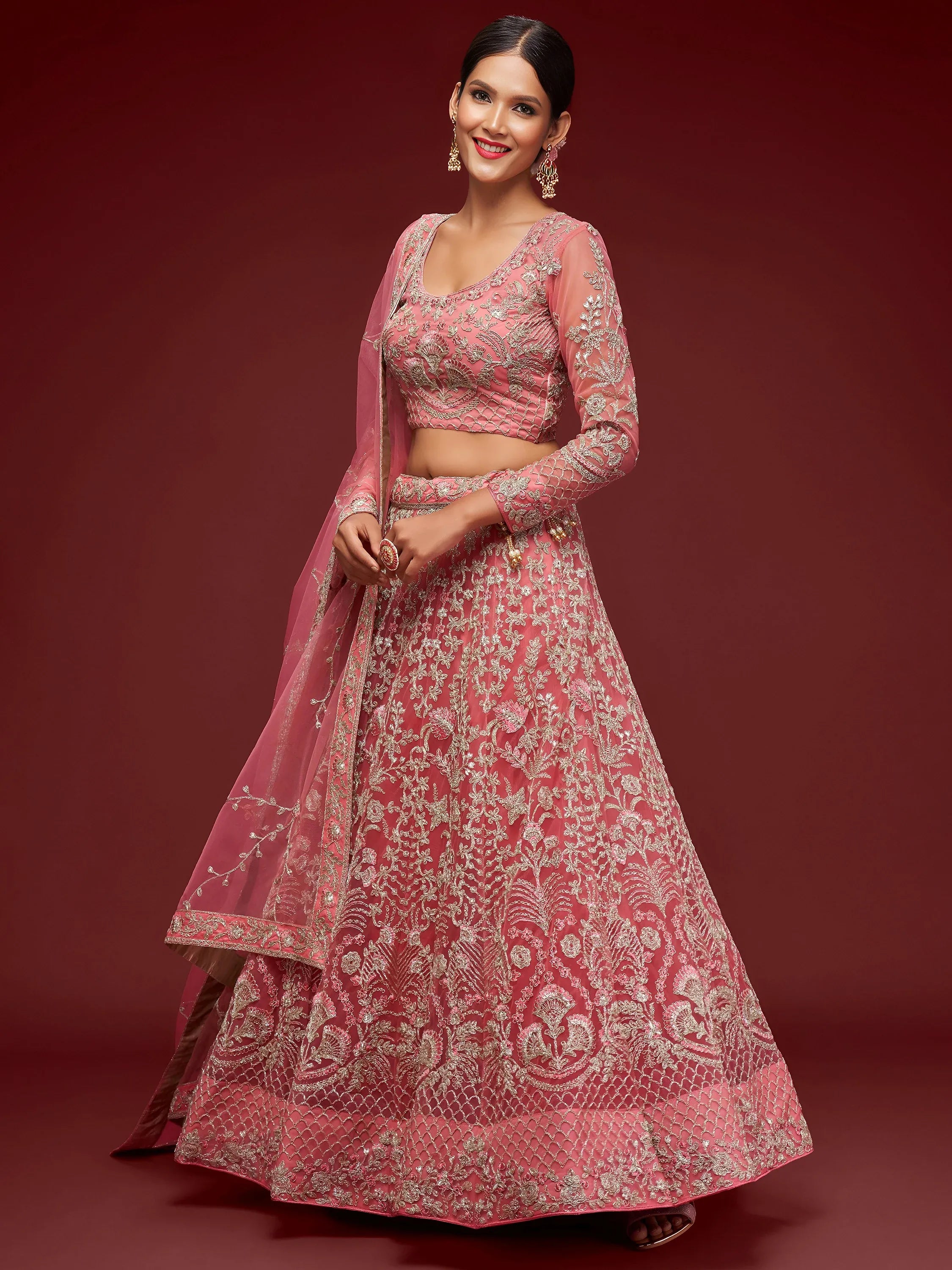 Gorgeous Pink Embroidered Net Reception Wear Plus Size Lehenga Choli