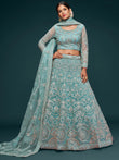 Attractive Aqua Blue Embroidered Soft Net Occasion Wear Lehenga Choli
